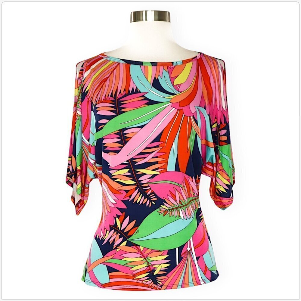 Trina Turk Colorful Vibrant Palm Print Split Sleeve Cold Shoulder Stretch Top P